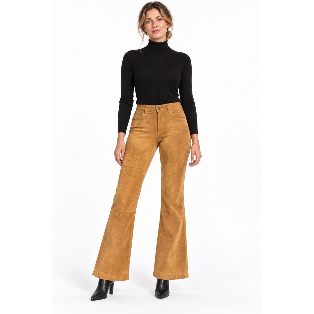Camel Suede Leather Bootcut Pants Womens 10 Western Boho 70s Style High Rise Vtg